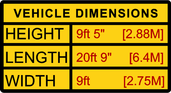 Vehicle Size Sticker Length Height Width Imperial and Metric